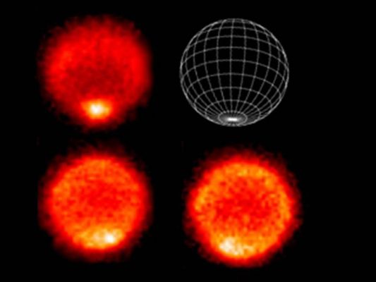 The "Hot" South Pole of Neptune
Caption NASA:"These thermal images show a "hot" South Pole on the Planet Neptune. These warmer temperatures provide an avenue for Methane to escape out of the deep atmosphere. 
The images were obtained with the Very Large Telescope in Chile, using an imager/spectrometer for mid-infrared wavelengths on Sept. 1 and 2, 2006. 
The telescope is operated by the European Organization for Astronomical Research in the Southern Hemisphere (known as ESO). 
Scientists say Neptune's South Pole is "hotter" than anywhere else on the Planet by about 10° Celsius (50 degrees Fahrenheit). The average temperature on Neptune is about -200° Celsius (-392 degrees Fahrenheit). 
The upper left image samples temperatures near the top of Neptune's troposphere (near 100 millibar pressure, which is 1/10th the Earth atmospheric pressure at sea level). The hottest temperatures are indicated at the lower part of the image, at Neptune's south pole (see the graphic at the upper right). 
The lower two images, taken 6.3 hours apart, sample temperatures at higher altitudes in Neptune's stratosphere. They do show generally warmer temperatures near, but not at, the south pole. They also show a distinct warm area which can be seen in the lower left image and rotated completely around the back of the planet and returned to the earth-facing hemisphere in the lower right image".
Parole chiave: Neptune