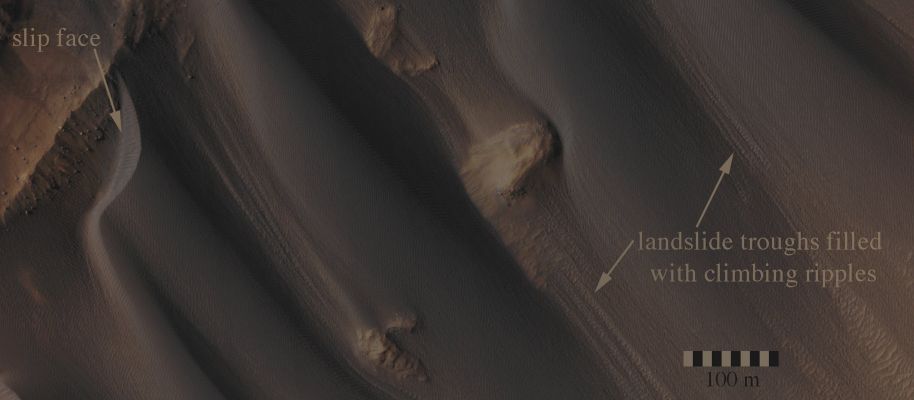 Dunefield in Nereidum Nontes (EDM - Absolute Natural Colors; credits for the additional process. and color.: Dr Paolo C. Fienga/Lunar Explorer Italia/IPF)
Mars Local Time: 15:43 (Middle Afternoon)
Coord. (centered): 40,495° North Lat. and 309,939° East Long.
Spacecraft altitude: 254,8 Km (such as about 159,3 miles) 
Original image scale range: 25,5 cm/pixel (with 1 x 1 binning) so objects ~ 76 cm across are resolved
Map projected scale: 25 cm/pixel
Map projection: EQUIRECTANGULAR
Emission Angle: 1,0° 
Phase Angle: 57,3°
Solar Incidence Angle: 56° (meaning that the Sun was about 34° above the Local Horizon at the time the picture was taken)
Solar Longitude: 209,9° (Northern Autumn - Southern Spring)
Credits: NASA/JPL/University of Arizona
Additional process. and coloring: Lunar Explorer Italia
Parole chiave: Mars from orbit - Dunefield - Nereidum Montes Region