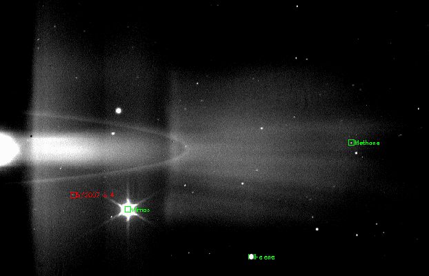 A "New Moon" for Saturn
Caption NASA:"The 60th moon of Saturn reveals itself in a sequence of images. The discovery suggests that the new moon, along with its neighbors Methone and Pallene (discovered by the Cassini imaging team in 2004), may form part of a larger group of moons in this region. The movie spans 6 hours. 
Initial calculations show the moon to have a width of approx. 2 Km (1,2 miles), with an orbit that lies between those of the moons Methone and Pallene. The moon's orbit is in resonance with another moon, Mimas, also seen in this sequence as a very bright, moving object. The new moon's location is indicated by a red box. 
The (narrow) ring visible in the images is the G-Ring, and the G-Ring arc passes through the field of view during the course of the movie. Calypso, a Trojan moon of Tethys, is also visible in the sequence. Trojan moons are found near gravitationally stable points ahead or behind a larger moon. 
This view looks toward the non-illuminated side of the Rings from about 3° above the Ring-Plane. 
The series of images was taken in visible light with the Cassini spacecraft wide-angle camera on May 30, 2007, at a distance of approximately 1.76 million kilometers (1.09 million miles) from Saturn. Image scale is about 105 kilometers (65 miles) per pixel. The ghostly shape that stretches across the scene results from scattered light within the camera optics".
Parole chiave: GIF-Movie