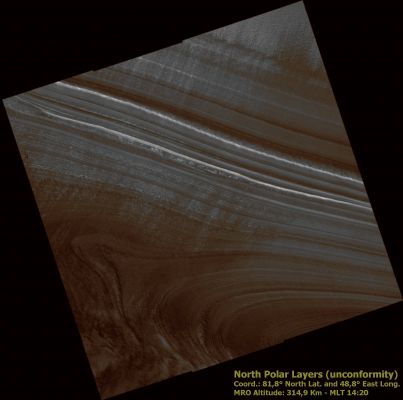 Unconformity in the North Polar Layered Deposits (Absolute Natural Colors; credits for the additional process. and color.: Dr Paolo C. Fienga - Lunexit Team)
nessun commento
Parole chiave: Mars from orbit - North Polar Features - NPLD with "Unconformity"