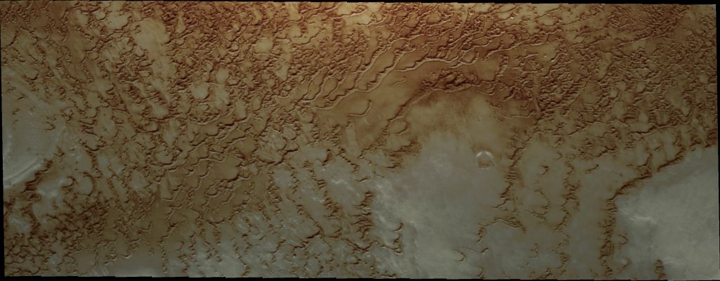 Northern Dunes (Natural Colors; credits for the additional process. and color.: Dr Paolo C. Fienga - Lunexit Team)
Caption NASA:"This region of North Polar Dunes has less dune materials than other portions of the North Polar Erg. This allows the base (assumption) that the dunes are moving across to be observed".
Parole chiave: Mars from orbit - North Polar Features - Erg (or Sea of Dunes)