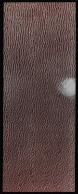 Features of the North Polar Erg (Absolute Natural Colors; credits for the additional process. and color.: Dr Paolo C. Fienga/Lunar Explorer Italia/Italian Planetary Foundation)
In this VIS image, taken by the NASA - Mars Odyssey Orbiter on February, 26th, 2014, and during its 54.141st orbit around the Red Planet, we can see a small area of the North Polar Erg (---> Sea of Dunes). As the season changes from Spring to Summer, the Dunes surrounding the North Polar Cap, as you can see here, become darker and darker. 

Only the round and bright Feature located on the left (Sx) margin of the frame (that we have already noticed in the past, when other pictures of this very same area were taken even by other Orbiters), seems to remain - basically - unchanged during the entire Martian Year. Unfortunately, we do not know what that Feature actually is, but our educated guess is that it could reasonably be a (relatively large) patch of Permanent Ice and Frost, thick and compacted enough to resist to the Winds' Action and then make it through the whole Martian Summer, when the temperature considerably raises, without sublimating or melting.

Latitude (centered): 79,7727° North 
Longitude (centered): 198,7900° East 
Instrument: VIS 

This image (which is an Original Mars Odyssey Orbiter b/w and Map-Projected frame published on the NASA - Planetary Photojournal with the ID n. PIA 18233) has been additionally processed, magnified to aid the visibility of the details, contrast enhanced, Gamma corrected and then colorized in Absolute Natural Colors (such as the colors that a human eye would actually perceive if someone were onboard the NASA - Mars Odyssey Orbiter and then looked down, towards the Surface of Mars), by using an original technique created - and, in time, dramatically improved - by the Lunar Explorer Italia Team.

Parole chiave: Mars from orbit - North Polar Regions - The "Erg"