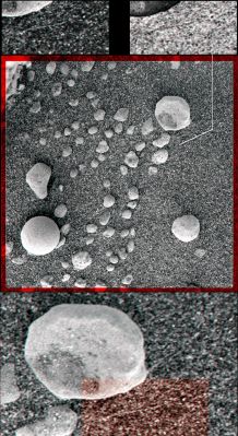 Hairy Berries... - Sol 19 (Hi-Def3-D - b/w; credits and Copyright: Dr M. Faccin and Lunar Explorer Italia)
Ok: nessuno lo ha notato e quindi adesso facciamo parlare il GRANDE Dr Faccin, che lo ha visto (Dio solo sa come ha fatto!) e che è quindi il Padre di questa - crediamo autentica e straordinaria - Scoperta.

Ecco quello che Marco ha da dire:"...Ora, se cercassimo davvero il pelo nell'uovo, noi potremmo dire di averlo trovato: si tratta di un filamento presente in tutti i frame del Sol - alcuni sono più sfocati, si, ma il pelo c'è ed è chiaro nella sua evidenza. Non è una frattura del frame, non è un image-artifact, non è un graffio della lente (perchè poi sparisce il Sol successivo, al cambio di ripresa) etc. . Ora qualcuno mi può spiegare che cosa ci fa un "pelo" su Marte? Ok: non è un pelo è un filamento. Va bene: abbiamo un filamento su Marte. Come c'è arrivato? Chi o che cosa ce lo ha messo lì? C'è: esiste.
Forse questo è il dettaglio più chiaro, preciso ed anomalo che sono riuscito ad evidenziare in due anni di lavoro.
E non è troppo lontano, non è troppo vicino e non è confuso: c'è. E allora, dato e premesso che "esiste", come facciamo a contestualizzarlo?...".

Già come lo "contestualizziamo"? Amici: io non riesco - per ora - a contestualizzarlo. E' incredibile. Ed è vero: è reale! C'è, come dice Marco Faccin.

E Voi? Che ne pensate?

Che ci fa un "capello" (pelo, filamento, filo: chiamatelo come volete) su Marte?!?...
Parole chiave: Martian Surface - Berries (3D)