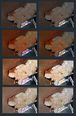 Martian Sandglasses? - Sol 65 (credits: Dr M. Faccin)
Il passaggio del medesimo dettaglio attraverso i vari filtri/colore porta - come ben vedete in questo splendido fotomosaico - a "visioni" radicalmente differenti.

Noi, dopo anni di appssionato Lavoro e di riflessioni, stiamo iniziando a districarci in questa "giungla di colori": una giungla creata ad arte, secondo noi, per confondere. Ma grazie alla passione ed alla dedizione dei nostri Grandi Partners Gianluigi Barca e Marco Faccin, ora le nostre idee - al pari delle colorizzazioni - stanno incominciando a diventare più "chiare" e "lineari"...

E' solo questione di tempo, ma i True Colors of Mars - credeteci - fra qualche mese (o anche meno...) NON saranno più un Mistero! 
Parole chiave: Martian Surface - Martian Sandglasses