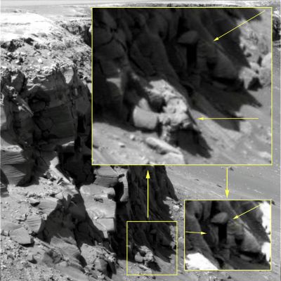 Rectangular Hole on Victoria's Rim - Sol 1019 (ctx frame + inset edm; credits: Ivana Tognoloni)
Dall'occhio attento e critico di Ivana Tognoloni, una nuova ed assai intrigante "Mysterious Feature" che va ad arricchire la saga dele "stranezze" di Victoria Crater e, più in generale, delle bizzarrie Marziane.
ll dettaglio controverso, come avrete modo di vedere meglio attraverso i successivi edm, si sostanzia in un'apertura a forma incredibilmente regolare - diremmo "a rettangolo" - dell'Inner Rim (o Margine Interno) del Cratere Victoria, a lungo visitato e ripreso dal MER Opportunity.

La nostra impressione, dopo aver visionato il frame controverso e gli edm realizzati da Ivana, è che non si tratti di un solo e semplice "crack", bensì di un "ingresso", ossìa una di quelle aperture - come già ne abbiamo viste tantissime su Marte, specialmente nella Regione di Gusev - le quali, per vari motivi (i.a.: texture, fattezze e caratterizzazioni esteriori), NON SEMBRANO essere il risultato della (sola) azione di processi geologici.

Certo, da qui ad ipotizzare l'artificialità il passo è lungo...Però un buon Anomaly Hunter, per svolgere il suo compito in maniera adeguata, se è vero che non deve MAI partire da ipotesi preconcette di artificialità (come fanno gli Anomaly Hunters seguaci di Hoagland & c.), è altresì giusto che non giunga ad escludere le ipotesi più esotiche per il solo fatto di essere, per l'appunto...esotiche!

Morale: l'osservazione professionale (e cioè disincantata, contestualizzata e tecnicamente approfondita) dei dettagli incarna la vera e propria sostanza del Metodo da seguire; fatto questo, e citando ancora una volta il nostro "Amico" Sir Arthur Conan Doyle, "una volta scartato l'impossibile, quel che resta, sebbene improbabile...dovrà essere la Verità".

Buona Lettura!
Parole chiave: Martian Surface - Craters - Victoria Crater