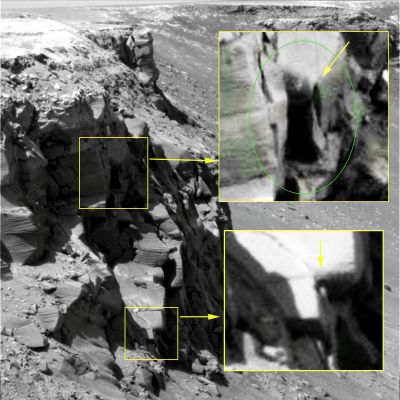 Squared Structures and other unusually-looking features inside Victoria - Sol 1019 (ctx frame - credits: Ivana Tognoloni)
Nuove immagini autoesplicative relative a dettagli - ancora una volta assai curiosi e controversi - individuati dalla nostra Ivana Tognoloni, che ringraziamo - come sempre - di Cuore!
La domanda successiva ed inevitabile, poi, la conoscete bene: si tratta di profili (per curiosi e controversi che sìano) comunque naturali, oppure c'è qualcosa di più? 
Le "porte" e le "tettoie" che vedete sono anfratti e rilievi, rispettivamente, scavati e scolpiti dal Tempo e dal "weathering", oppure sono "accessi", "tane" e "rifugi"?

Ivana ha individuato i punti caldi: ora sta a Voi dirci cosa vedete e cosa ne pensate...
Parole chiave: Martian Surface - Craters - Victoria Crater