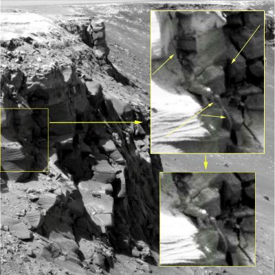 Squared Structures and other unusually-looking features inside Victoria - Sol 1019 (ctx frame and image composite - credits: Ivana Tognoloni)
Altre immagini autoesplicative della stessa zona dell'Inner Rim di Victoria e relative a dettagli - realmente curiosi e controversi - individuati dalla nostra Ivana Tognoloni, che ringraziamo - come sempre - di Cuore!
La domanda, poi, la conoscete: si tratta di profili (per quanto curiosi e controversi) comunque naturali, oppure c'è qualcosa di più? 
Sono anfratti scolpiti dal Tempo e dal "weathering", oppure sono "accessi" e "tane"?

Ivana ha individuato i punti caldi: ora sta a Voi dirci cosa vedete e cosa ne pensate...
Parole chiave: Martian Surface - Craters - Victoria Crater