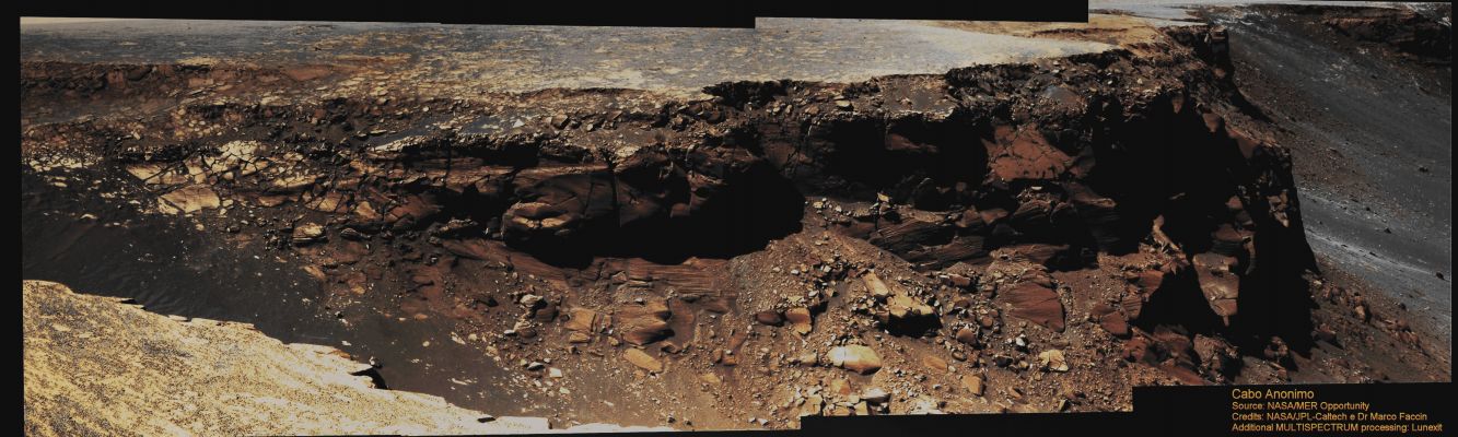 Cabo Anonimo - Sol 1019 (Enhanced Absolute Natural Colors; credits for the additional process. and color.: Drr Marco Faccin and Paolo C. Fienga - Lunar Explorer Italia)
nessun commento
Parole chiave: Martian Surface - Craters - Victoria Crater