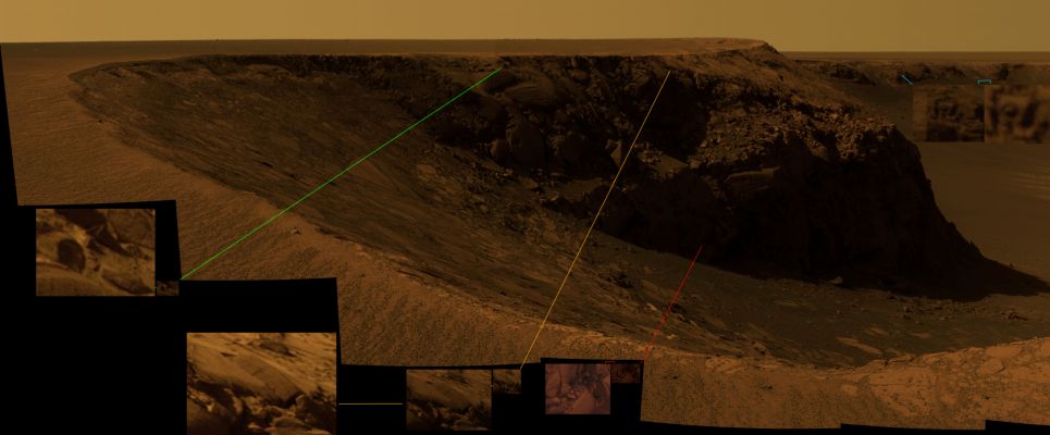 Some unusual features of Victoria Crater - Sol 1100 (an Image-Mosaic in Natural Colors by Dr Marco Faccin - Lunexit Team)
Ancora dal nostro caro ed attento Amico e Socio, Marco Faccin, qualche spunto per riflettere sulle "stranezze" che, ormai quotidianamente, passano davanti agli occhi di Ricercatori ed Appassionati di Marte e dintorni. In questo splendido e suggestivo collage realizzato dal bravissimo Marco, emergono - attraverso alcuni detail mgnf - dei rilievi i quali, anche senza entrare nel merito della loro possibile origine, male si sposano - a nostro avviso - con le ipotesi che vogliono il cratere Victoria (al pari del 99,99% di TUTTI i crateri situati su TUTTI i Corpi Celesti noti) come un "cratere da impatto". Sarà così? Che il buon Prof. Shoemaker ci perdoni se, di quando in quando, ci sentiamo - se non di dissentire in toto, quanto meno - di dubitare sulla assoluta bontà della sua pur logica e razionale costruzione.
Certo, da qui a supporre una eventuale origine "NON Naturale" dei rilievi evidenziati, ce ne passa e noi - come ormai sapete benissimo - non aderiamo affatto alla Scuola Hoaglandiana che vede "artifacts" sempre ed ovunque. E allora? E allora cerchiamo di contestualizzare quello che vediamo, anche speculando (certo), ma senza cercare il "colpo ad effetto" (tipo "abbiamo trovato un Manufatto Alieno!") a tutti i costi. 
I rilievi che il buon Marco Faccin ci ha voluto evidenziare in questo frame rientrano a pieno titolo nella Classe delle cosiddette "Singolarità Superficiali". E tanto basti. Poi, un giorno, quando "saremo lì" - se mai ci saremo... - andremo a controllare meglio...

Complimenti ancora a Marco Faccin e Grazie, per lo splendido spunto suggeritoci!
Parole chiave: Victoria Crater - Controversial