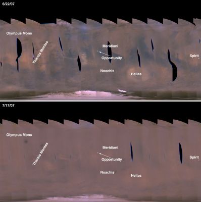 Series of Storms Shrouds Mars in Dust (1) - NASA/JPL/Malin Space Science Systems
Since late June 2007, Mars has been having a series of regional dust storms. The dust raised by these individual storms has obscured most of the planet over the past few weeks. The two maps shown here are mosaics of images acquired by the Mars Reconnaissance Orbiter (MRO) Mars Color Imager (MARCI) on two days separated by about 3 and a half weeks. The first, on 22 June, shows that there was a dust storm occurring near the east end of the Valles Marineris trough system (left of the label for "Opportunity" in the map). This was the first in the series of storms. The second mosaic shows how Mars appeared on 17 July, after dust was lofted high into the atmosphere by several regional storms and countless smaller, local dust storms. 

Each map was constructed from 13 pole-to-pole image swaths at red, green, and blue wavelengths acquired by the MRO MARCI. The maps are simple cylindrical projections, with north at the top and south at the bottom. Each image swath was acquired at about 3 p.m. local time on Mars over the course of 13 orbits. The black gaps occur in the MARCI data at places where the MRO spacecraft was slewed east or west to point its instruments at a specific target of scientific interest. The north polar region is not shown because winter began on 4 July and the north polar region is in wintertime darkness. Key features labeled on the maps include the Tharsis Montes and Olympus Mons volcanoes, the Hellas impact basin, Noachis Terra, Sinus Meridiani, and the two Mars Exploration Rover (MER) landing sites, Opportunity and Spirit. The dust storms, and the planet-encircling dust veil they generated, has greatly reduced the amount of sunlight available to run the two solar-powered rovers. 


Parole chiave: Mars from orbit