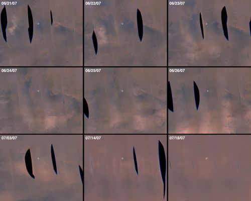 Series of Storms Shrouds Mars in Dust (2) - NASA/JPL/Malin Space Science Systems
This sequence of Mars Reconnaissance Orbiter (MRO) Mars Color Imager (MARCI) daily mosaics shows some of the dust storm activity that occurred near the Mars Exploration Rover (MER) Opportunity landing site between 21 June 2007 and 18 July 2007. The Opportunity rover is located near the martian prime meridian and equator. The top and middle rows of images show the first six days of dust storm activity near the rover site as dust advanced from the west to the south and passed south of the rover over the course of a week. By the end of that first week, storm activity strengthened and continued to move east, eventually passing over nearly half of the martian southern hemisphere. Other storms spawned by this atmospheric disturbance affected the MER Spirit rover on the other side of the planet, while new storms developed, approached, and affected Opportunity. The bottom three images show dust activity over the MER Opportunity site on 3, 14, and 18 July. By 19 July, most of the martian surface was obscured by the dust lofted from these storms. As with previous large dust-raising events on Mars, once the active storms die down, many weeks to months will pass before the dust settles out and the atmosphere clears. The white circle indicates the location of the Opportunity landing site, the black gaps are caused by slewing the spacecraft east or west to image specific science targets, and north in each picture is toward the top, west is to the left. 


Parole chiave: Mars from orbit