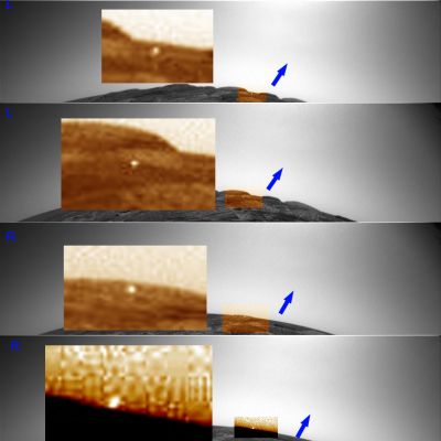 Shining and Rising? - Sol 126 (2 - credits: Dr M. Faccin)
...Osservate con attenzione: a noi, questa "scintilla" NON PARE un image-artifact...Però potremmo sbagliarci.
Cosa può essere? Impossibile dirlo.

Piuttosto, siate Voi a dirci che cosa pensate che sia...
Parole chiave: Extremely Controversial Frame