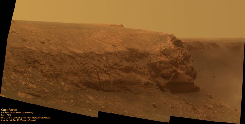 Cape Verde, according to NASA - Sol 1329
Caption NASA:"A promontory nicknamed "Cape Verde" can be seen jutting out from the walls of Victoria Crater in this approximate true-color picture taken by the PanCam on NASA's MER Opportunity. The Rover took this picture on Martian Day, or Sol, 1329 (Oct. 20, 2007), more than a month after it began descending down the crater walls - and just 9 Soles shy of its second Martian birthday on Sol 1338 (Oct. 29, 2007). 
Opportunity landed on the Red Planet on Jan. 25, 2004. That's nearly 4 years ago on Earth, but only 2 on Mars, because Mars takes longer to travel around the Sun than Earth. One Martian year equals 687 Earth days. 
The overall soft quality of the image, and the "haze" seen in the lower right portion, are the result of scattered light from dust on the front sapphire window of the Rover's camera. 
This view was taken using 3 PanCam filters, admitting light with wavelengths centered at 750 (near infrared), 530 (green) and 430 nanometers (violet)".
Parole chiave: Victoria Crater - Cape Verde