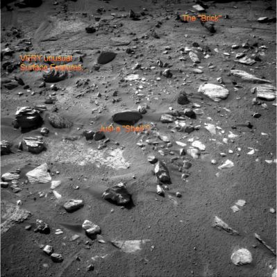 Various and Intriguing "Ventifacts", from Victoria - Sol 1566
Ricordate la sagacia di Steve Troy e Mike Bara (Discepoli del Prof. Hoagland) i quali, non appena Spirit giunse su Marte, individuarono - negli immediati dintorni del Rover - una serie impressionante di pseudo-artifacts? Ebbene, i tempi cambiano e, a distanza di oltre 4 anni dalle "scoperte" dei summenzionati, ora siamo noi - ma con ironia... -  che proviamo a scoprire bizzarri rilievi Marziani i quali, indubbiamente, possono ricordare dei manufatti terrestri.
In questo frame, abbiamo "Il Mattone" (The Brick), un "Guscio/Carapace" (The Shell), e qualche altro profilo curioso.

Artifacts? Secondo noi, no. Secondo noi sono - come dice la nomenclatura internazionale relativa a questi corpi - dei "Ventifacts", ossìa dei Rilievi Eolici: figure "scolpite dal vento".

Affascinante. E Voi che ne pensate?!?
Parole chiave: Martian Surface - Unusual Surface Features - The Brick & Others