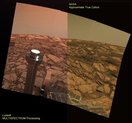 The Rim of Endurance and the Sky above - Sol 165 (composite - credits: NASA & Lunexit)
nessun commento
Parole chiave: Martian Surface - Endurance Crater and Sky