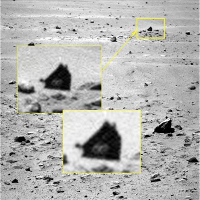 Home, sweet Home... - Sol 2141 (CTX Frame and Insets - EDM n.1 and n.2 - credits for the research and add. process.: Ivana Tognoloni - Lunexit Team)
Un dettaglio veramente curioso e, a nostro parere, comunque meritevole di interesse: individuato dalla nostra Amica e Senior Partner, Ivana Tognoloni, esso si sostanzia in una sorta di "roccia impossibile" (per difetto di profondità) dall'interno della quale SEMBRA sporgersi "qualcosa".

E' sin dai tempi del "Martian Rat" (il "Topo Marziano", individuato dal MER Spirit, durante le sue iniziali peregrinazioni, e forse troppo frettolosamente bollato come "svista") che in molti - noi per primi - si domandano se "tutte le cose strane" che si vedono su Marte sìano, effettivamente ed esclusivamente, delle illusioni ottiche, dei chiaro/scuri ingannevoli e/o delle semplici sviste vere e proprie, oppure se, su Marte, "qualcosa" di indigeno e di "alieno" - per definizione - si aggira nei pressi dei Rover, forse incuriosito dal ronzìo e dalle vibrazioni, leggere ma comunque percepibili, emesso dalla macchina allorchè essa transita sul terreno del Pianeta Rosso.

Questo particolare è, nella sua oggettiva bizzarria, un nuovo tassello che va ad inserirsi in un mosaico che, forse perchè troppo grande e complesso, ancora non ci è dato di poter completare...
Parole chiave: Martian Surface - Controversial Frame