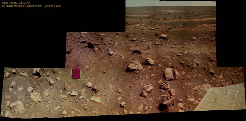 Rocky Garden in Meridiani Planum - Sol 2142 (Image Mosaic - Natural Colors; credits: Dr M. Faccin - Lunexit Team)
nessun commento
Parole chiave: Mars Panorama - Meridiani Planum