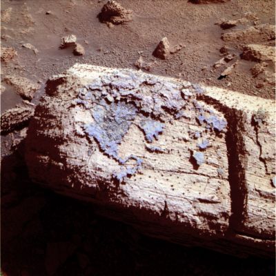 Erratic Boulder with highly degraded Blueish "Coating" - Sol 2147 (Natural Colors; credits: Dr M. Faccin - Lunexit Team)
Un altro macigno erratico davvero interessante: non solo per la sua curiosa conformazione (notate l'antica frattura che lo divide, quasi, in due), ma anche a causa della presenza di una sorta di rivestimento (come ovvio fortemente degradato) che lo caratterizza ancora nella sua porzione sinistra (rectius: nella sua porzione a Sx dell'Osservatore).

Ad un'osservazione approfondita, la sensazione è che il materiale di colorito bluastro che forma il rivestimento sia il risultato finale, ormai quasi del tutto in rovina, di un - riteniamo - bizzarro processo di stratificazione. Da notare anche la presenza, sul macigno e nella sua porzione "libera" da rivestimento, di alcuni Martian Berries (probabilmente peduncolati), anch'essi di color blu.
Un macigno simile - eccezion fatta per il rivestimento (che in quel - lontano - caso mancava) - venne avvicinato dal MER Opportunity all'interno del Cratere Endurance (per maggiori informazioni, cercate: "Wopmay" o "The Sleeping Bear").
Parole chiave: Martian Surface - Erratic Boulder with "Blueish" Coating