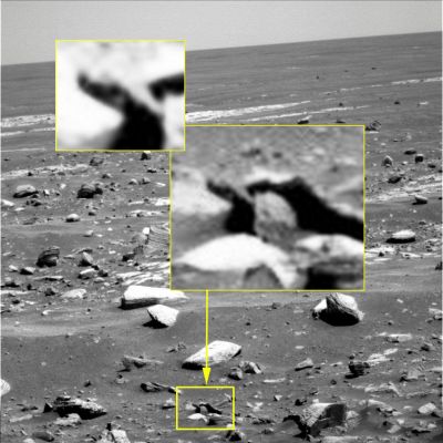 Extremely unusually-looking Surface Feature in Meridiani Planum: "The Turtle" - Sol 2160 (an Image-Mosaic by Ivana Tognoloni - Lunexit Team)
Sempre dalla nostra Grande Amica e Partner, Ivana Tognoloni, una nuova Martian Oddity che - anche agli occhi di un neofita delle Anomalìe e Singolarità Extraterrestri - non può non lasciare stupefatti per la sua (bizzarra a dire poco) configurazione esteriore.

Si tratta, come potete agevolmente verificare Voi stessi (meglio nei due EDMs che seguono), di una sorta di lungo "collo" - con "testina" (dotata di fessure tipo "occhi" - ben visibili - e "bocca" - straordinariamente ben definita) annessa - che fuoriesce dall'interno di un piccolo macigno a forma di cupola per protendersi verso l'esterno.

Illusione ottica (l'ennesima)? 
Svista (idem)? 
Bizzarria della Natura? 

Forse. Quest'ultima ipotesi, infatti, ci pare che sia quella che meglio definisca l'incredibile rilievo individuato da Ivana.
Una "roccia" dalla forma davvero bizzarra, conficcata nel suolo in modo curioso, e che va a formare, unita al sasso di forma cupolare dal quale sembra fuoriuscire, un'incredibile "Martian Turtle-like Surface Feature".

Poi, se volete, si può anche (e forse più che legittimamente - ricordate SEMPRE il "Rasoio di Okkam"!) provare a pensare ad altre eventualità ed ipotesi...
Parole chiave: Martian Surface - Controversial Surface Feature - "The Turtle"