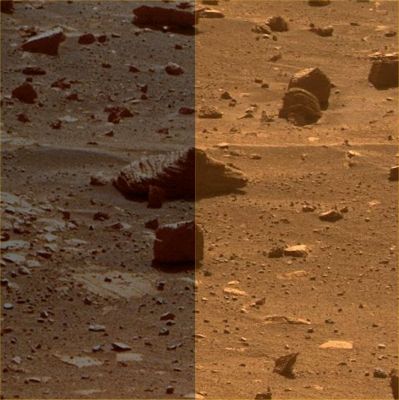 First image from a Mars Rover Choosing a Target - Sol 2172 (Natural Colors - Sx credits: Dr Paolo C. Fienga - Lunexit Team; Dx credits: NASA/JPL-Caltech)
Caption NASA:"This view results from the first observation of a target selected autonomously by a Spacecraft on Mars. During the 2172nd Martian Day, or Sol, of its mission on Mars (March 4, 2010), NASA's Mars Exploration Rover Opportunity used newly developed and uploaded software to choose a target from a wider-angle image and point its PanCam to observe the chosen target through 13 different filters. The imaging was part of a checkout of the new software, named Autonomous Exploration for Gathering Increased Science, or AEGIS. Images taken through three of the filters are combined into this approximately true-color view of the rock, which is about the size of a football.

The component images are one-quarter subframe field of view, taken with the left camera of the stereo Pancam through filters admitting wavelengths of 600 nanometers, 530 nanometers and 480 nanometers.

The rock in the target is close to a young Crater called "Concepcion" and might have been thrown outward by the impact that excavated the Crater. The wider-angle image that Opportunity analyzed to select this target was taken by the Rover's NavCam and is at PIA12973".
