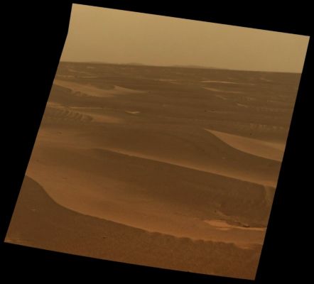 The Rim of Bopulu Crater - Sol 2179 (Approximate True Colors; credits: NASA/JPL-Caltech/Cornell Univ. - Addit. color process.: Dr Paolo C. Fienga - Lunexit Team)
Caption NASA:"NASA's Mars Exploration Rover used its PanCam to record this view of the Rim of a crater about 65 Km (approx. 40 miles) in the distance, on the South-Western horizon. This Crater, Bopolu, is about 19 Km (approx. 12 miles) in diameter. 

The image was taken during the 2179th Martian Day, or Sol, of Opportunity's Mission on Mars (March 11, 2010), two days after the Rover drove Southward away from Concepcion Crater, site of several weeks of investigation.
Opportunity's long-term destination is Endeavour Crater, to the South-East and closer than Bopolu. The intended route heads South before turning East, in order to bypass potentially hazardous Sand Ripples, larger than the ones visible in the foreground of this image. 

This Approx. True-Color view combines three exposures taken through filters admitting wavelengths of 750 nanometers, 530 nanometers and 480 nanometers".
Parole chiave: Martian Horizon - Meridiani Planum - Bopulu's Rim