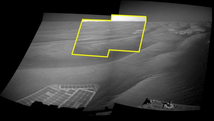 Endeavour! - Sol 2220
Caption NASA:"This image uses a view from the Navigation Camera (NavCam) on NASA's MER Opportunity to show context for a horizon shot by the Rover's narrower-angle Panoramic Camera (PanCam). The NavCam exposures were taken during the 2220th Martian Day, or Sol, of Opportunity's Mission on Mars (such as April, 22, 2010).

The horizon view from the PanCam, at PIA13081 and PIA13080, includes a portion of the Outer rRim of Endeavour Crater, the Rover's destination in a multi-year traverse along the sandy Martian landscape. Opportunity began a marathon from Victoria to Endeavour in September 2008 after spending two years exploring Victoria".

Parole chiave: Martian Horizon - Endeavour Crater