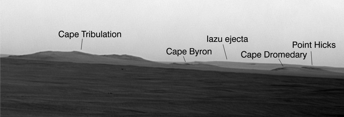 The Rim of Endeavour and much more... - Sol 2239 (SuperResolution - credits: NASA/JPL)
Caption NASA:"Since the Summer of 2008, when NASA's Mars Exploration Rover Opportunity finished two years of studying Victoria Crater, the Rover's long-term destination has been the much larger Endeavour Crater to the South-East (as to the Landing Site). By the Spring of 2010, Opportunity had covered more than a third of the charted, approx. 19-Km (about 12-mile) route from Victoria to Endeavour and reached an area with a gradual, Southward slope offering a view of Endeavour's elevated Rim.
On the 2239th Martian Day, or Sol, of Opportunity's mission on Mars (such as May 12, 2010), the Rover used its PanCam to take multiple exposures of the horizon toward the South-East. The PanCam Team combined these images into this Super-Resolution view showing details of a portion of the rim of Endeavour about 13 Km (a little more than 8 miles) away plus more-distant features. 
Super-Resolution is an imaging technique combining information from multiple pictures of the same target in order to generate an image with a higher resolution than any of the individual images.

Above the Dark Plains in the lower portion of the view, the horizon in the left half is mostly a portion of Endeavour's Western Rim. The paler-looking Terrain on the horizon beyond Endeavour in the right half of the image is part of a thick deposit of material ejected by the impact that excavated Iazu Crater, South of Endeavour. The observed increase in brightness of Iazu's ejecta relative to Endeavour's features is consistent with modeling by science team members Michael Wolff, of the Space Science Institute, and Ray Arvidson, of Washington University in St. Louis, applying optical characteristics Opportunity has measured in the Martian Atmosphere.

Supplementing this image, a reference map as seen from orbit (PIA13196) by the Context Camera on NASA's Mars Reconnaissance Orbiter, shows the relative positions of Victoria, Endeavour and Iazu Craters, and the Opportunity Rover. Science team member Tim Parker, of NASA's Jet Propulsion Laboratory, Pasadena, Calif., has correlated several points visible in the PanCam image with features visible from orbit. 

Labels identify some points on the Rim that have been assigned informal names by the rover science team, using as a theme names of places visited by British Royal Navy Capt. James Cook in his 1769-1771 Pacific voyage in command of H.M.S. Endeavour.

After the rover team chose Endeavour as a long-term destination, the goal became even more alluring when observations with the Compact Reconnaissance Imaging Spectrometer for Mars, also on the Mars Reconnaissance Orbiter, found Clay Minerals exposed at Endeavour. James Wray, of Cornell University, and co-authors reported observations of those minerals in Geophysical Research Letters in 2009. Clay Minerals, which form under wet and relatively neutral pH conditions, have been found extensively on Mars from orbit but have not been examined on the Surface. Additional observations with that spectrometer are helping the rover team choose which part of Endeavour's Rim to visit first with Opportunity".
Parole chiave: Martian Horizon - Meridiani Planum