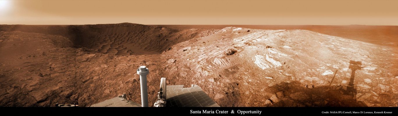 Santa Maria Crater - Sol 2476 (an Image-Mosaic by NASA/JPL- Cornell; credits for the additional process. and color.: Marco Di Lorenzo & Kenneth Kremer)
Caption NASA:"Celebrating 7 years on the Surface of the Red Planet, MER Opportunity now stands near the Rim of an about 90 meters wide Crater known as "Santa Maria". 
Remarkably, Opportunity and its fellow Rover Spirit were initially intended for a 3 month long primary mission. Still exploring, the golf cart-sized robot and shadow (far right) appear in the foreground of this Panoramic View of its current location. 
The mosaic was constructed using images from the Rover's NavCam. 
On its 7 year anniversary, Opportunity can boast traversing a total of 26,7 Km along the Martian Surface. 

After investigating Santa Maria Crater, the MER controllers plan to have Opportunity resume a long-term trek toward Endeavour, an approx. 22 Km wide Impact Crater which is now about 6 Km away from Santa Maria. 

During the coming Soles, communication with the Rover will be more difficult as Mars moves close to alignment with the Sun as seen from Earth's perspective". 

Nota Lunexit: questa elaborazione, secondo noi, è davvero scadente ed inoltre se alla NASA rileggessero le loro Captions prima di pubblicarle, probabilmente farebbero qualche meschina figura in meno (nella caption che descrive questa immagine, infatti - guardate la "NASA - Astronomy Picture of the Day" del giorno 29 Gennaio 2011 -, nonchè in svariate Captions inserite sul "NASA - Planetary Photojournal", il grande Cratere Endeavour viene spesso menzionato come Cratere Endurance). 

Si, direte Voi, è una svista, una sciocchezza. 
E invece NO, diciamo noi, non lo è affatto. E' un indice di poca accuratezza e di minima cura ed attenzione su quanto "diffuso" (diciamo "comunicato", valà, che è più realistico...) al Grande Pubblico. 
E se i Ricercatori Privati, quando prendono una (anche minima) svista possono - anzi "devono", secondo alcuni! - essere "messi in croce", allora che anche i grandi Enti Spaziali, quando scrivono sciocchezze (e non parliamo degli innumerevoli strafalcioni grammaticali e sintattici che caratterizzano tantissime captions NASA e pure ESA...), vengano additati al pubblico ludibrio. 

E anche questa è Democrazia.
Parole chiave: Martian Surface - Craters - Santa Maria Crater