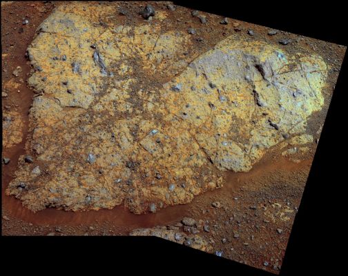 "Chester Lake" - Sol 2709 (Natural Colors; credits for the additional process. and color.: Dr Paolo C. Fienga - Lunar Explorer Italia)
Caption NASA:"An Outcrop informally named "Chester Lake" is the second rock on the Rim of Endeavour Crater to be approached by NASA's MER Opportunity for close inspection with instruments on the Rover's R.A. This view of Chester Lake combines images taken during the 2709th Martian Day, or Sol, of Opportunity's work on Mars (such as Sept., 7th, 2011).
Chester Lake is about 3 feet (1 meter) across. It lies on the inboard (South/Eastern) side of a low ridge, "Cape York", which forms a portion of the Western Rim of Endeavour Crater. Rover team scientists chose it for inspection because it is in-place bedrock that appears to be representative of a region of Outcrops on the inboard side of Cape York.
Chester Lake differs from the first rock inspected by Opportunity on the Endeavour Rim, "Tisdale 2", which is a Boulder excavated during an impact event that produced a small crater on the Rim. Both rocks appear to be "Breccia", a type of rock fusing together broken fragments of older rocks. 
By Sol 2713 (Sept. 11, 2011), researchers had used Opportunity's Microscopic Imager and Alpha Particle X-Ray Spectrometer to study Chester Lake and were planning to use the Rover's RAT (Rock Abrasion Tool) and, possibly, its Moessbauer Spectrometer on the rock. They will use all the data to reconstruct the chemistry, mineralogy and geologic setting of Chester Lake, including evidence about whether or not the rock has any clay minerals in its composition".
Parole chiave: Martian Surface - Rocky Outcrop - Chester Lake