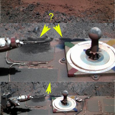 Extremely well-aimed "Cleansing Event" - Sol 2795 (an Image-Composite in Natural Colors by Dr Gianluigi Barca - Lunexit Team)
Come ben evidenziato dal nostro sempre attentissimo Dr Barca possiamo osservare, in questo frame, gli effetti di un davvero ECCEZIONALE "Cleansing Event" (trattasi di definizione NASA) sui Pannelli Solari del MER Opportunity (il quale, va detto, ci appare sempre pulitissimo). 
Dove sta l'eccezionalità dell'Evento? Semplice: in questo frangente, l'Evento Pulitore, di regola "globale" (nel senso che investe il Rover nella sua interezza), sembra - anzi: è! - assolutamente "selettivo"!
Si, per quanto assurdo Vi potrà sembrare, la "pulizia" - che assomiglia tanto ad una "passata di straccio umido"... - ha riguardato solo due piccole aree dei Pannelli Solari di Oppy (osservate le frecce gialle). 

Opera di un Dust Devil? Non scherziamo.

Quello che stiamo osservando è un Evento Anomalo, nel senso più puro del termine. E le spiegazioni possibili - NASA permettendo... -, a nostro parere, sono almeno due. E nessuna delle due, ovviamente, chiama in causa i Mini-Cicloni, meglio noti come Dust Devils...
Parole chiave: Spacecrafts - MER Opportunity - Controversial