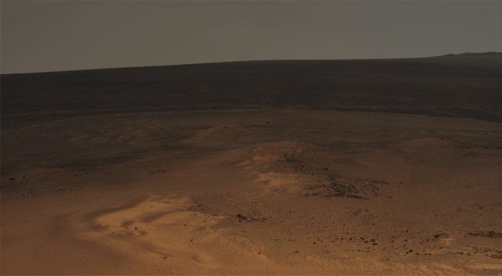 Panorama from "Greeley Haven" - Sol 2840 (an Image-Mosaic in Natural Colors; credits for the additional process. and color.: Dr Paolo C. Fienga - Lunexit Team)
Caption NASA:"This mosaic of images taken in mid-January 2012 shows the windswept vista Northward (left) to North/Eastward (right) from the location where NASA's Mars Exploration Rover Opportunity is spending its 5th Martian Winter: an Outcrop informally named "Greeley Haven."
Opportunity's Panoramic Camera (PanCam) took the component images as part of full-circle view being assembled from Greeley Haven. The view includes Sand Ripples and other wind-sculpted features in the foreground and mid-field. The Northern Edge of the "Cape York" segment of the Rim of Endeavour Crater forms an arc across the upper half of the scene.

Opportunity landed on Mars on Jan. 25, 2004, UT and EST (Jan. 24, PST). It has driven 21,4 miles (34,4 Km) as of its 8th anniversary on the Red Planet. In late 2011, the rover team drove Opportunity up onto Greeley Haven to take advantage of the Outcrop's Sun-facing Slope to boost output from the Rover's dusty Solar Panels during the Martian Winter.
Research activities while at Greeley Haven include a radio-science investigation of the interior of Mars, inspections of mineral compositions and textures on the Outcrop, and monitoring of wind-caused changes on scales from Dunes to individual Soil Particles".
Parole chiave: Mars Panorama - Meridiani Planum