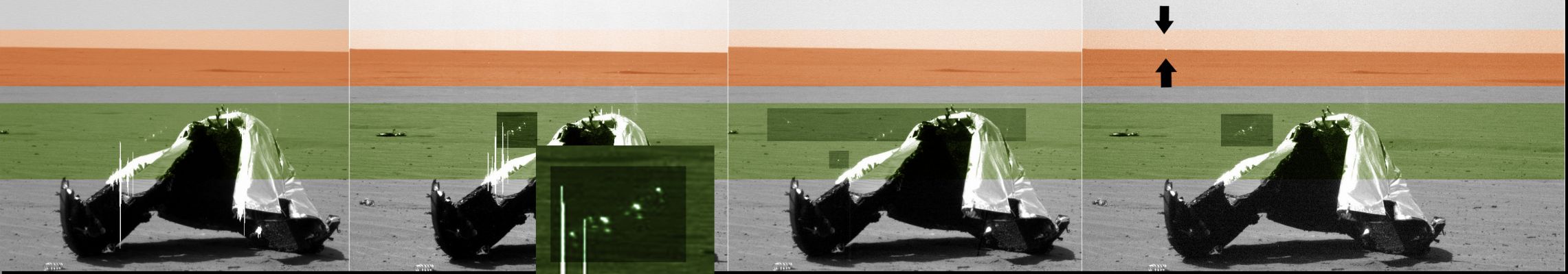 Multicolored Reflections or just "something else"? - Sol 328 (credits: Dr Marco Faccin)
Nonostante il trascorrere dei Soles, il fenomeno sembra ripetersi, ma la posizione di queste "Bolle di Luce" - come evidenziato dalle ultime (ed efficacissime) elaborazioni del Dr Marco Faccin - cambia.
Fate un confronto tra il fotomosaico relativo a questo Sol (il 328), ed il fotomosaico del Sol 330. 
Che cosa si nota? 
Fondamentalmente, si nota che le "Bolle di Luce" si sono spostate rispetto all'Heat-Shield, passando dalla sua Dx (Sx dell'Osservatore) alla sua Sx (Dx dell'Osservatore). 
Le "fattezze" delle "Bolle", inoltre, cambiano leggermente forma e densità apparente (confrontate i fotomosaici del Soles 328 e 330 con il fotomosaico del Sol 326 per ben apprezzare il fenomeno).

Che cosa possiamo dedurre, quindi? Fondamentalmente tre cose:

1) il fenomeno è reale e non è un semplice (ancorchè affascinante) image-artifact;
2) il fenomeno è ripetitivo (con qualche leggera differenza, ma ripetitivo);
3) il fenomeno DOVREBBE essere correlato all'Heat-Shield.

Ed ora, mentre aspettiamo i Vostri commenti e le Vostre riflessioni al riguardo, mandiamo ancora i nostri più sinceri complimenti al Dr Faccin per i Lavori che continua a produrre!
Parole chiave: Spacecrafts - Opportunity Heat-Shield