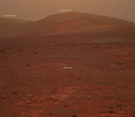 High TAU at "Solander Point" - Sol 3325 (Absolute Natural Colors; credits for the additional process. and color.: Dr Paolo C. Fienga/Lunar Explorer Italia/Italian Planetary Foundation)
The NASA - Mars Exploration Rover (MER) Opportunity used its Panoramic Camera (or "PancCam") to acquire this view of "Solander Point", during the 3325th Martian Day, or Sol (such as June 1st, 2013, on Earth) of its Mission in the Region of Meridiani Planum. This Southward-looking scene shows "Solander Point" on the center horizon, "Botany Bay" in the foreground, and "Cape Tribulation" in the far background at left. 
Botany Bay is a so-called Topographic "Saddle" exposing Sedimentary Rocks that are part of the Burns Formation, such as a Geological Unit that Opportunity examined during earlier years of the Mission. At Botany Bay, the Burns Formation is exposed between isolated remnants of Endeavour Crater's Rim. Solander Point and Cape Tribulation are just Rim Segments located to the South of Botany Bay. Opportunity is on the way to Solander Point to spend the upcoming Winter Season on a Northerly tilted Surface (so to be able to get more Sunlight on its Solar Panels). Extensive Rock Strata can be spotted on the Northern Side of Solander Point, and these ancient Rocks and surrounding Bench Materials will be investigated in detail by Opportunity as part of the Winter Science Campaign.

This frame (which is an Original NASA - Mars Exploration Rover (MER) "Opportunity" Original Natural Color image published on the NASA - Planetary Photojournal and identified by the ID n. PIA 17078) has been additionally processed, magnified and then re-colorized in Absolute Natural Colors (such as the colors that a normal - meaning "in the average" - human eye would actually perceive if someone were on the Surface of Mars, near the NASA - Mars Exploration Rover (MER) Opportunity, and then looked ahead, towards the Horizon and Sky over Endeavour Crater), by using an original technique created - and, in time, dramatically improved - by the Lunar Explorer Italia Team.
Parole chiave: Martian Horizon - Meridiani Planum - Solander Point