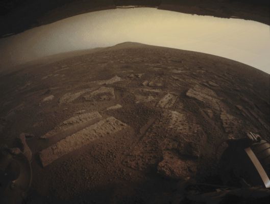 Southward View (Absolute Natural Colors; credits for the additional process. and color.: Dr Paolo C. Fienga/Lunar Explorer Italia/Italian Planetary Foundation)
This very suggestive picture shows us some of the Terrain that the NASA - Mars Exploration Rover (MER) Opportunity is crossing in a (always relatively speaking) flat area of Endeavour Crater, called "Botany Bay", and located on the way toward "Solander Point," which is visible on the horizon.

The NASA - Mars Exploration Rover (MER) Opportunity used its Rear Hazard-Identification Camera (or HazCam, for short) to record this Southward view at the end of a drive covering about 387 feet (such as a little less than 118 meters) and which took place on the 3.355th Martian Day (or Sol) of Opportunity's work on Mars (such as July, 2nd, 2013 on Earth). Rover planners have been driving Opportunity in reverse, with the aim of to mitigatating a little bit the normal wearand tear on the Front - and so-called - "Wheel Actuators". For scale, the distance between the two Rear Wheels visible in the foreground is about 3,3 feet (a little more than 1 meter). The underside of Opportunity's Deck is visible at the top of the image. The Surface that the Rover (MER) Opportunity is driving upon, while crossing Botany Bay, is a Mosaic Pavement of fractured, light-toned Bedrock (---> the so-called "Martian Paving" of Meridiani Planum). A mixture of dark-toned Basaltic Soil and small Spherules - nicknamed "Blueberries" - fills-up most of the Cracks existing between the Bedrock pieces and, here and there, also thinly covers some of the Bedrock itself. 

This frame (which is an Original NASA - Mars Exploration Rover (MER) "Opportunity" b/w image published on the NASA - Planetary Photojournal and identified by the ID n. PIA 17271) has been additionally processed, magnified and then colorized in Absolute Natural Colors (such as the colors that a normal - meaning "in the average" - human eye would actually perceive if someone were on the Surface of Mars, near the NASA - Mars Exploration Rover (MER) Opportunity, and then looked ahead, towards the Horizon and Sky over Endeavour Crater), by using an original technique created - and, in time, dramatically improved - by the Lunar Explorer Italia Team.
Parole chiave: Martian Horizon - Meridiani Planum - Solander Point