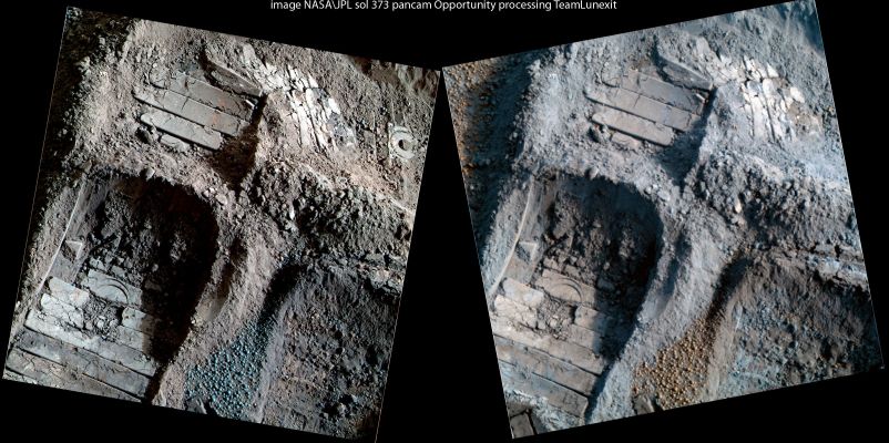 No "Nail", just an unusual Shadow - Sol 373 (an Image-Mosaic in Natural Colors by Dr Marco Faccin - Lunexit Team)
Grazie a questo spettacolare fomosaico, ci è possibile risolvere un vecchio dubbio relativo ad una possibile Anomalìa di Superficie. 

La domanda è questa: esiste, effettivamente, una sorta di "chiudo ricurvo" nella fossa scavata dalle ruote di Opportunity? 
Secondo noi, no. Si tratta solamente del risultato finale di una ingannevole combinazione ottica (insomma, una svista) determinata dalla presenza, fra i vari detriti che giacciono sul fondo della piccola trincea scavata dalle ruote di Opportunity, di un sassolino un pò più alto di altri, il quale - grazie alla luce radente sul piano del suo Orizzonte Locale - ha generato un'ombra lunga che, casualmente, va - parzialmente - a giacere/insistere su un mini-fossato posizionato sul versante del sassolino stesso opposto rispetto alla sorgente di irraggiamento.

Guardare (attentamente) per credere. 

E Grandissimi Complimenti al nostro Marco Faccin (alias Titanio44) per l'eccezionale prodotto!
Parole chiave: Martian Surface - Rover Tracks