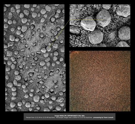 Berryland! - Sol 505 (an Image-Mosaic by Elisabetta Bonora - Lunexit Team)
Questo Lavoro ("L" rigorosamente Maiuscola!) realizzato dalla nostra Elisabetta Bonora è, a nostro avviso, semplicemente straordinario. 

Ma oltre al mero aspetto "estetico" - che pure gratifica l'occhio e la mente - Vi suggeriamo di notare, nei due inset in b/w - tra alcuni berries ed altri, al di sotto di alcuni berries ed in svariati punti della superficie - l'esistenza di "filamenti" di un qualche tipo.

Noi non abbiamo idea di che cosa si tratti, però sappiamo che cosa essi NON sono: ebbene i "filamenti" NON sono degli image-artifacts. Il frame è "pulito", perfetto.
I "filamenti", dunque, esistono: sono una feature reale del suolo. 

Di che cosa effettivamente tratti, tuttavia, non siamo in condizione di dirlo e neppure di ipotizzarlo.
Per ora...
Parole chiave: Microscopic Imager - Berries