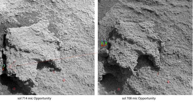 Things DO change! - Soles 708 - 714 (an Image-Mosaic by Drr Marco Faccin and Gianluigi Barca)
"...la bassa Gravità e la assai tenue Atmosfera (senza contare la Pressione, davvero irrisoria...) fanno sì che, su Marte, anche per spostare pochi granuli di sabbia o polvere, occorre l'intervento di Grandi Forze. Parliamo di Venti, ad esempio, che spirano quasi a 250 Kilometri orari...".

Va bene. 

Allora, problemino: per spostare il "sassetto" (DECISAMENTE più "consistente" di granuli di sabbia o polvere) che vedete alla Sx della roccia granulare, in maniera tale da farlo letteralmente SPARIRE dalla visuale di Oppy nel periodo di tempo a cavallo tra il Sol 708 ed il Sol 714, a che velocità dovevano spirare i Venti Marziani?

...Non si finisce MAI di imparare, studiare e stupirsi, credeteci!...
Parole chiave: Martian Surface - Controversial Surface Feature - "Bug"