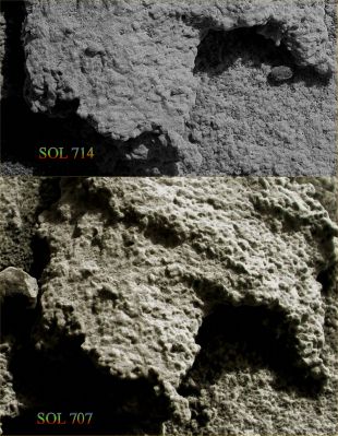 Is this just a "Small Flat Rock"? - Soles 707 and 714 (an Image Mosaic by Drr Gianluigi Barca and Marco Faccin - Lunexit Team)
...Si è "mosso" qualcosa, tra il Sol 707 ed il Sol 714? E' "cambiato" qualcosa nei pressi della roccia ripresa in primo piano dal MER Opportunity a cavallo dei Soles 707 e 714?

Probabilmente SI. Ma non diciamolo troppo ad alta voce...
Parole chiave: Martian Surface - Controversial Surface Feature - "The Snake-Head"