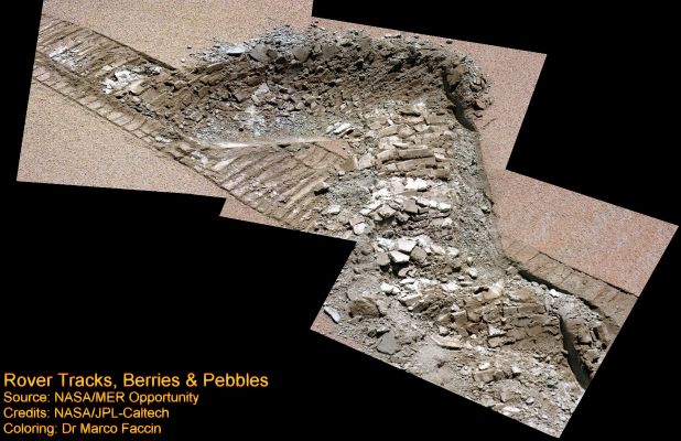 Rover Tracks; Berries and Pebbles - Sol 836 (natural colors; credits: Dr Marco Faccin)
nessun commento
Parole chiave: Martian Surface - Rover Tracks and Pebbles
