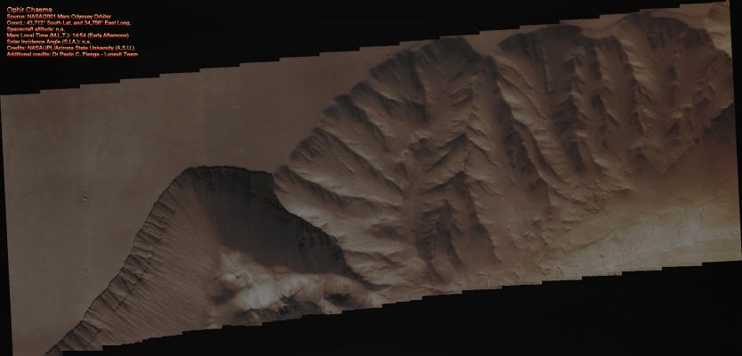 Features of Ophir Chasma (Absolute Natural Colors; credits for the additional process. and color: Dr Paolo C. Fienga - Lunexit Team)
nessun commento
Parole chiave: Mars from orbit - Chasmas - Ophir Chasma