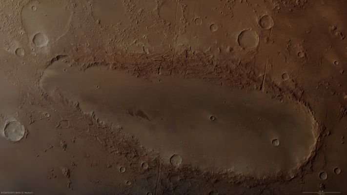 Orcus Patera (Natural Colors; credits: Dr Paolo C. Fienga - Lunexit Team)
Caption ESA:"Orcus Patera is an enigmatic elliptical depression located between Elysium and Olympus Mons. 

This well-defined depression extends approximately 380 by 140 Km in a N/NE–S/SW direction. It has a Rim that rises up to 1800 mt above the surrounding Plains, while its Floor lies 400–600 mt below the surroundings. The term ‘Patera’ is used for deep, complex or irregularly shaped Volcanic Craters such as the Hadriaca Patera and Tyrrhena Patera at the N/E margin of the Hellas Impact Basin. 

However, despite its name and the fact that it is positioned near Volcanoes, the actual origin of Orcus Patera still remains unclear".
Parole chiave: Mars from orbit - Orcus Patera