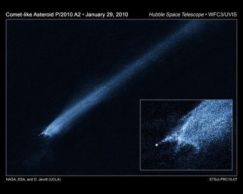 P/2010-A2: Extremely unusually-looking Asteroid
First discovered on ground based LINEAR images on January 6, 2010, the object appeared unusual enough to investigate further with the Hubble Space Telescope last week. 
Pictured above, what Hubble saw indicates that P/2010 A2 is unlike any object ever seen before. 

At first glance, the object appears to have the tail of a comet. Close inspection, however, shows an about 140-meter Nucleus offset from the tail center, very unusual structure near the Nucleus, and no discernable gas in the Tail. Knowing that the object orbits in the Asteroid Belt between Mars and Jupiter, a preliminary hypothesis that appears to explain all of the known clues is that P/2010 A2 is the debris left over from a recent collision between two small asteroids. 

If true, the collision likely occurred at over 15.000 Km-per-hour (five times the speed of a rifle bullet) and liberated energy in excess of a nuclear bomb. Pressure from Sunlight would then spread out the debris into a trailing tail. 

Future study of P/2010 A2 may better indicate the nature of the progenitor collision and may help humanity better understand the early years of our Solar System, when many similar collisions occurred. 
Parole chiave: From Space Images - Hubble Space Telescope (HST)