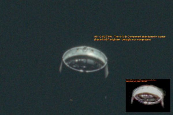 Is this a "U.F.O."? (4)
C'è voluto tempo e tanta pazianza ma, alla fine, grazie al sempre ottimo Lavoro del Dr Gianluigi Barca, il frame NASA - Apollo 12 Originale contenente l'immagine che ha indotto tanti Appassionati ed Esperti in errore (e cioè che ha visto trasformare uno stadio del Vettore Saturno-V abbandonato nello Spazio - si tratta della già menzionata componente conosciuta come S-IV-B - in "possibile UFO") è stato individuato: è il frame AS 12-50-7346. 
Dalla comparazione che Vi proponiamo in questo quadro, la realtà (o meglio: la nostra interpretazione della realtà) emerge in forma eclatante. 

Cogliamo l'occasione per ringraziare di cuore il Dr Vladimiro Bibolotti (C.U.N. - Centro Ufologico Nazionale) il quale ha cortesemente inserito la nostra ricostruzione ed opinione riguardo questa immagine sul Sito del C.U.N. (si veda: http://www.cun-italia.net/astronauti/astronauti.htm).
Parole chiave: Controversial Frame