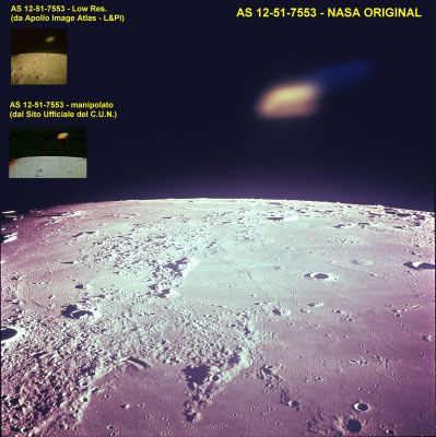 Another Pseudo-Mistery...
Un'altra immagine che ha indotto in errore tanti Amici e Ricercatori (anche bravi e preparati) è quella che Vi proponiamo ora e che è stata (finalmente!) identificata, sempre dal bravissimo Dr Barca, con il frame Apollo 12 AS 12-51-7553. 

AS 12-51-7553 é un frame controverso, ovviamente (e la cui versione NASA Original la potete trovare nella relativa Sezione), ma il punto non è questo; il punto è nel lavoro di autentica (e dozzinale...) manipolazione (operata probabilmente usando Photoshop o altro programmino equivalente) la quale è stata posta in essere da qualche anonimo frequentatore della Rete. 
Un "anonimo" che - come lo stesso Dr Vladimiro Bibolotti (CUN - Centro Ufologico Nazionale) ha colto e legittimamente precisato - ha pensato bene di "metterci del suo" (!) per rendere il frame più intrigante: vedere per credere.

Il risultato? Un "falsaccio" che, ancora una volta, ci ricorda che:

1) chiunque può falsificare un frame ed ingannare il 99,99% degli Appassionati (i quali non sono tutti Tecnici del Settore);
2) la falsificazione può servire a nascondere le Anomalìe, così come a crearle dal nulla;
3) non solo NASA ed ESA falsificano;
4) se l'Ufologia è ancora una "Scienza di Serie C-1" lo dobbiamo anche a questi "anonimi furbacchioni";
5) a volte l'entusiasmo eccessivo fa male e fa sì che tutti noi possiamo cadere in errore. TUTTI! 
Parole chiave: Apollo Original Frame + LR frame + Tampered Frame