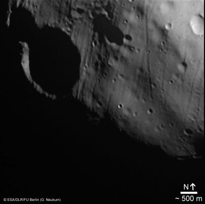 Phobos' Terminator
This image of Phobos’s surface was obtained by the Super Resolution Channel (or SRC, a part of the High Resolution Stereo Camera experiment) on board ESA’s Mars Express on 3 August 2008 (orbit 5889). 
The distance from the moon’s centre was approx. 656 Km, and the image resolution is 6 mt/pixel. The original image has been corrected for mirror distortion.
Parole chiave: Phobos