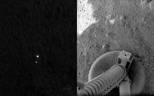The Descent of Phoenix, from MRO - Sol 0
Caption NASA:"NASA's Mars Phoenix Lander can be seen parachuting down to Mars, in this image captured by the High Resolution Imaging Science Experiment (HiRISE) camera on NASA's Mars Reconnaissance Orbiter. This is the first time that a spacecraft has imaged the final descent of another spacecraft onto a planetary body. 
From a distance of about 310 Km (193 miles) above the surface of the Red Planet, Mars Reconnaissance Orbiter pointed its HiRISE obliquely toward Phoenix shortly after it opened its parachute while descending through the Martian Atmosphere. The image reveals an apparent 10-meter-wide (30-foot-wide) parachute fully inflated. The bright pixels below the parachute show a dangling Phoenix. The image faintly detects the chords attaching the backshell and parachute. The surroundings look dark, but correspond to the fully illuminated Martian surface, which is much darker than the parachute and backshell. 

Phoenix released its parachute at an altitude of about 12,6 Km (7,8 miles) and a velocity of 1.7 times the speed of sound".
Parole chiave: Phoenix Lander - Descent Phase