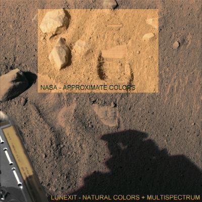 Martian Surface (Approximate Colors; credits: NASA/JPL-Caltech/University of Arizona/Texas A&M e MULTISPECTRUM; credits: Lunexit)
nessun commento
Parole chiave: Martian Surface - Pebbles and Small Rocks