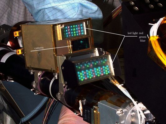 Lights ON!
Ricordate quando abbiamo detto che il colore del terriccio recuperato da Phoenix per le analisi era "falsissimo" oppure illuminato da una sorgente molto intensa e prossima? Ok. Ecco, nell'immagine, la "sorgente" in questione: un gruppo-luce costituito da leds blu, rossi e verdi. Sicuramente utili in alcuni casi ed altrettanto sicuramente fuorvianti in altre situazioni.

Comunque sia: "Lights ON" (!) e fine del mini-mistero relativo al colorito assurdo del suolo Marziano raccolto e fotografato da Phoenix.
Parole chiave: Spacecraft - Phoenix Lander - Navigation Lights