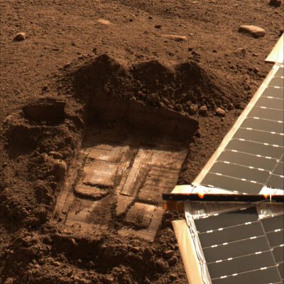'Snow White' Trench - Sol 43 (True Colors; credits: NASA)
Caption NASA:"This image was acquired by NASA's Phoenix Mars Lander's Surface Stereo Imager on Sol 43, the 43rd Martian Day after landing (July 8, 2008). This image shows the trench informally called "Snow White".

Two samples were delivered to the Wet Chemistry Laboratory, which is part of Phoenix's Microscopy, Electrochemistry, and Conductivity Analyzer (MECA). 
The first sample was taken from the surface area just left of the trench and informally named "Rosy Red". It was delivered to the Wet Chemistry Laboratory on Sol 30 (June 25, 2008). The second sample, informally named "Sorceress", was taken from the center of the "Snow White" trench and delivered to the Wet Chemistry Laboratory on Sol 41 (July 6, 2008)". 
Parole chiave: Martian Surface - The "Trench"