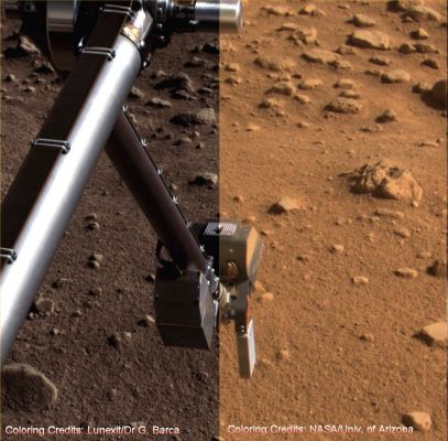 Phoenix Scoop Inverted Showing Rasp (credits: NASA/JPL/Univ. of Arizona - Dx - and Dr Barca & Lunexit - Sx)
Caption NASA:"This image taken by the Surface Stereo Imager on Sol 49, or the 49th Martian Day of the mission (July 14, 2008), shows the silver colored rasp protruding from NASA's Phoenix Mars Lander's Robotic Arm Scoop. 
The Scoop is inverted and the rasp is pointing up. Shown with its forks pointing toward the ground is the Thermal and Electrical Conductivity Probe, at the lower right. 
The Robotic Arm Camera is pointed toward the ground".
Parole chiave: Spacecraft - Phoenix Lander - Scoop and TEC Probe